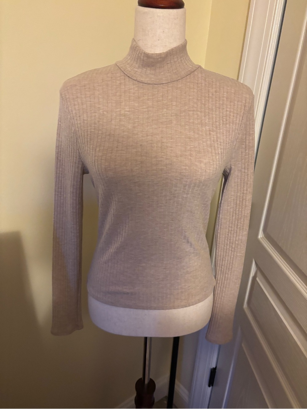one clothing Ribbed Mock Neck Long Sleeve Top - Tan